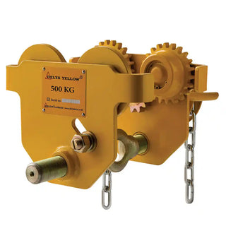 Laufkatze mit  Haspelkettenfahrwerk – professionelle Hebetechnik für Stahlträger gelb
