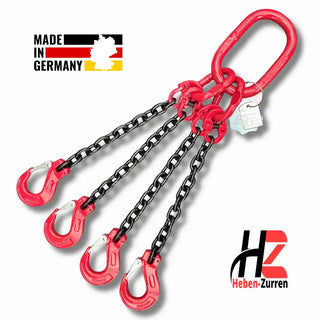4-Strang Anschlagkette schwarz GK8 mit vier Lasthaken – Vierstrangiges Kettengehänge nach EN 818-4 für maximale Stabilität – Made in Hamburg